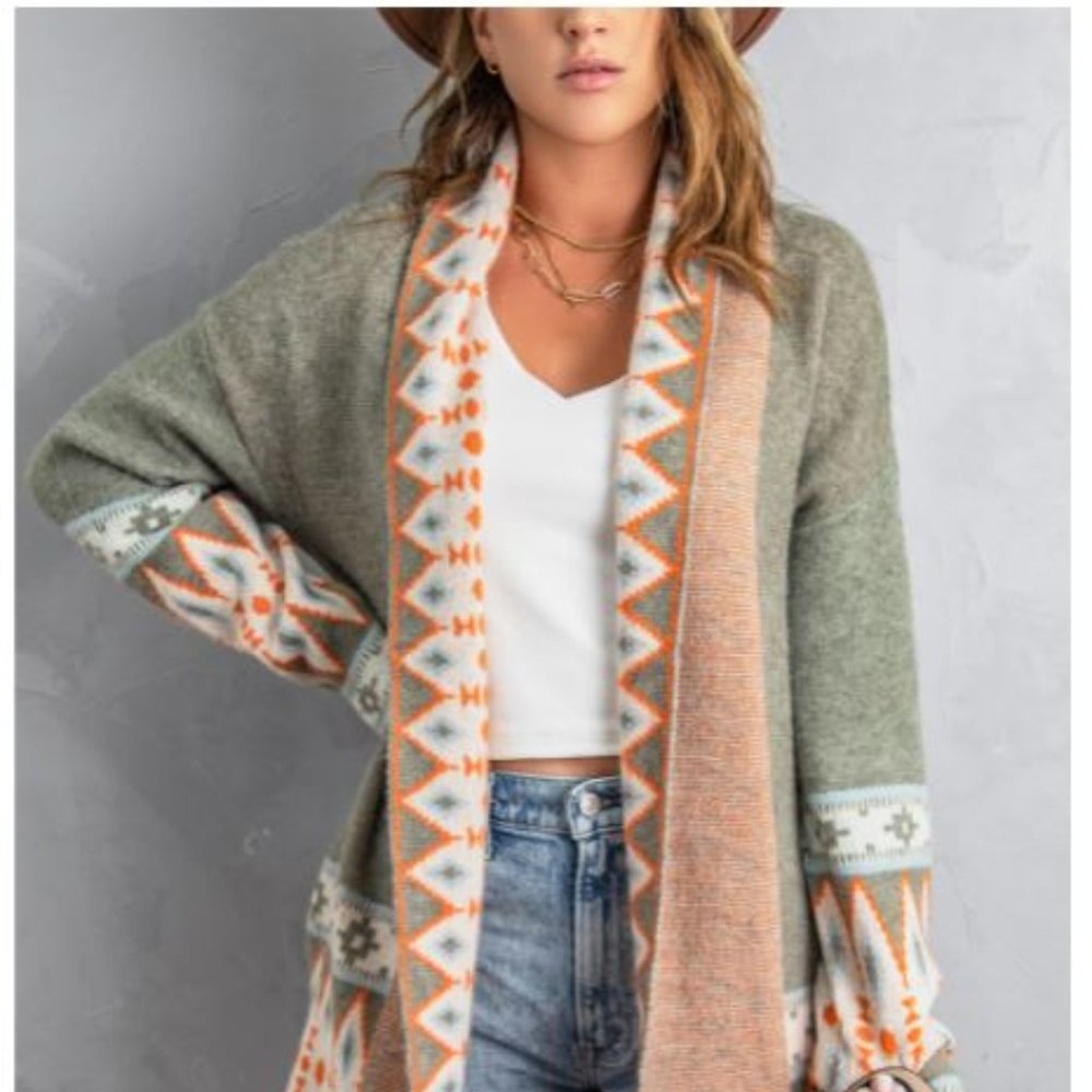 Green Aztec Print Open Front Knitted Cardigan